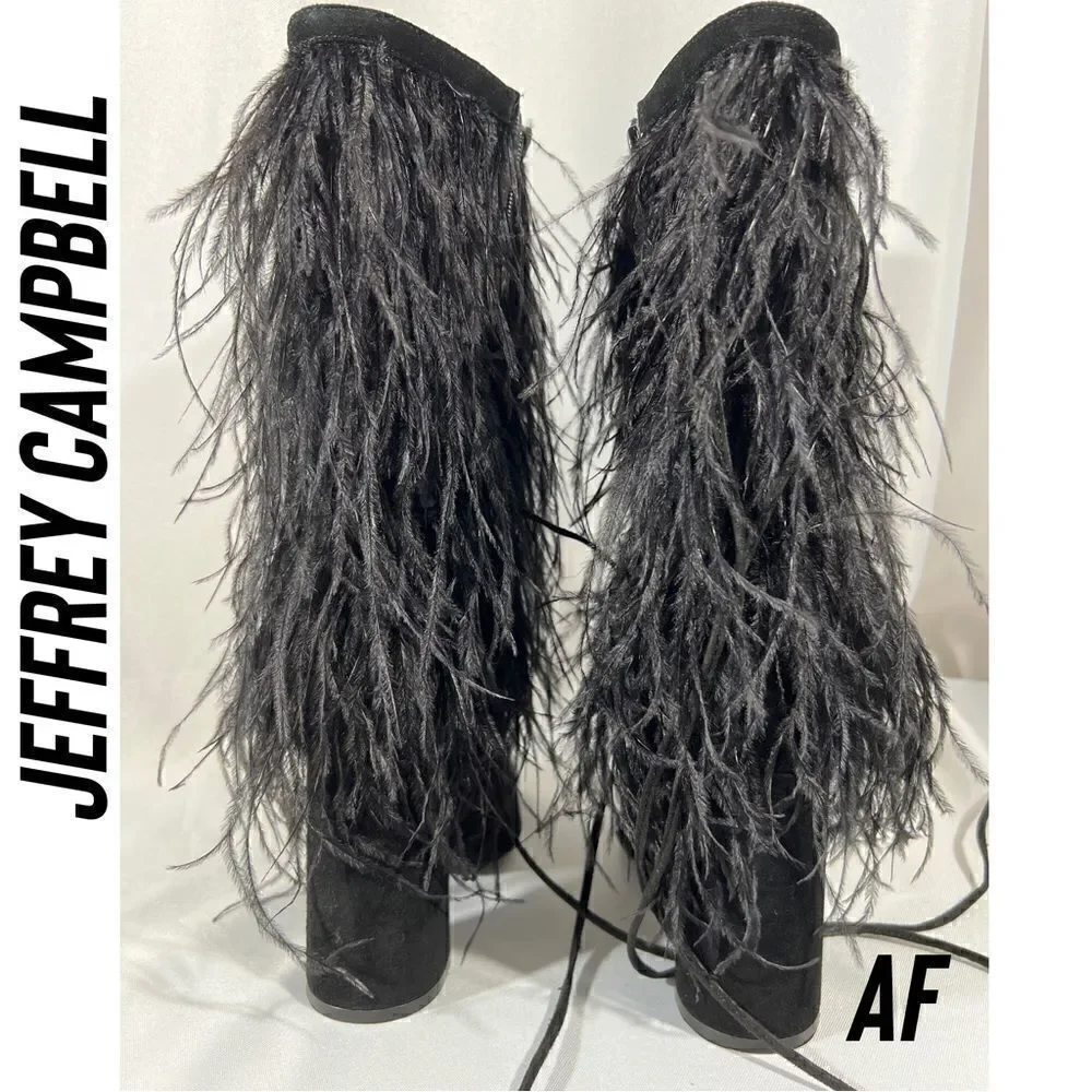 JEFFREY CAMPBELL SHAKE YA OSTRICH FEATHER BOOTS NEW BLACK - Picture 5 of 11